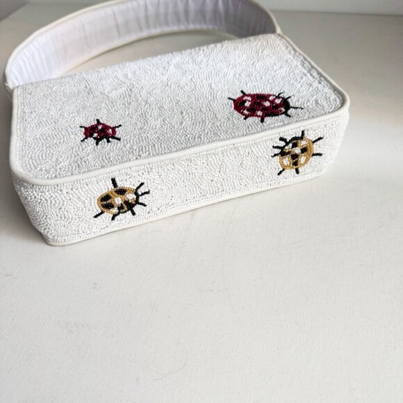 Beaded Lady Bug Lucky White Red Large Baguette Bag - Picture 11 of 14